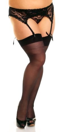 Plus size model wearing Glamory perfect 20 stockings in color black front view close up