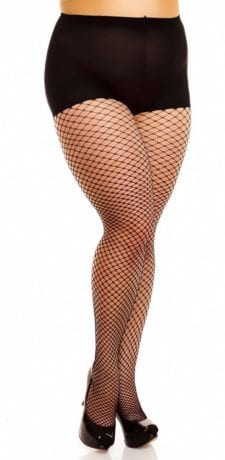 Plus size model wearing Glamory mesh fishnet tights front veiw close up