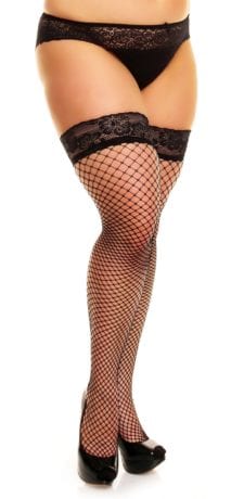 Plus size model wearing Glamory mesh fishnet holdup thigh highs close up